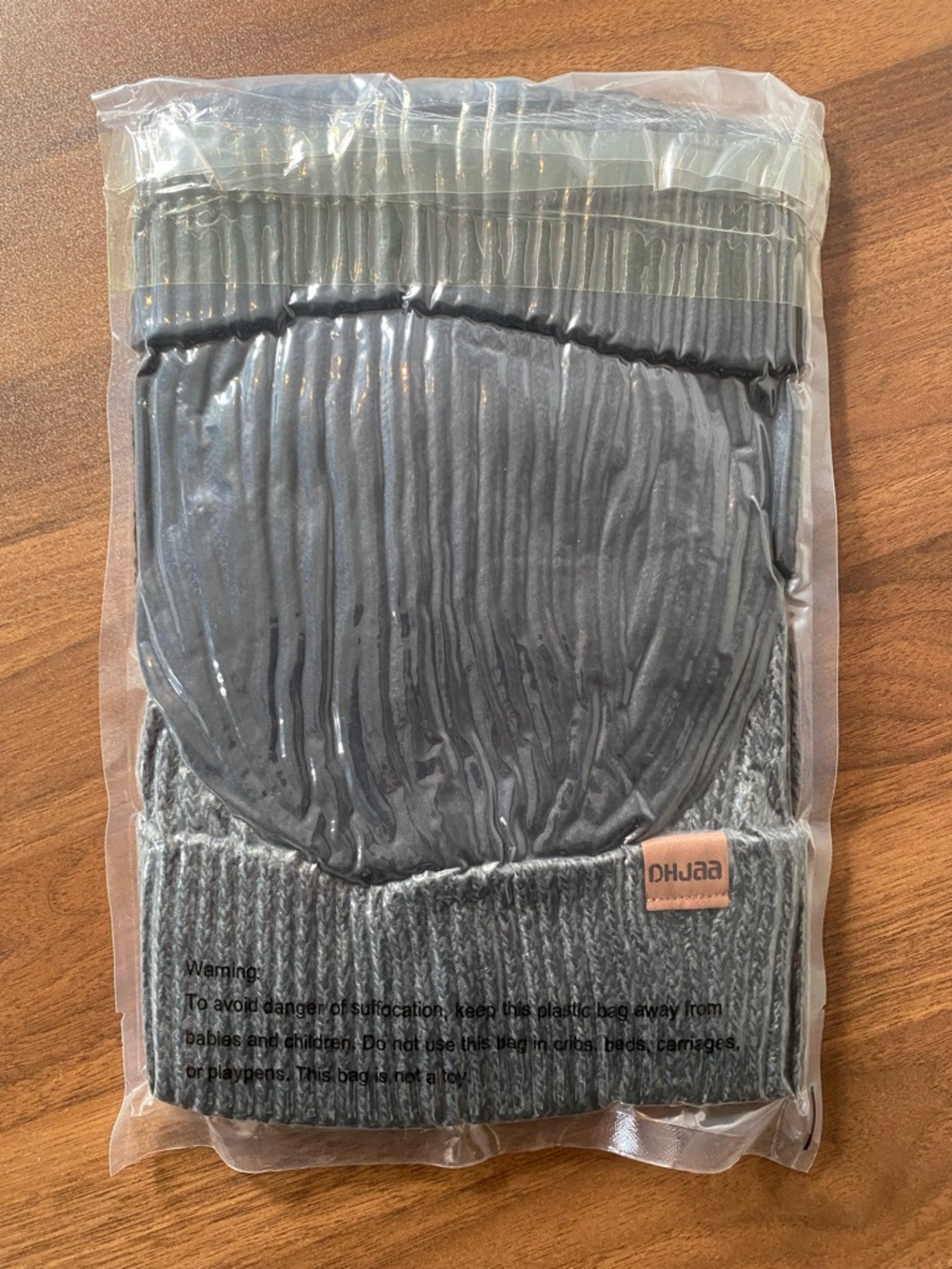 Gray Knit Beanie with Leather Logo Patch